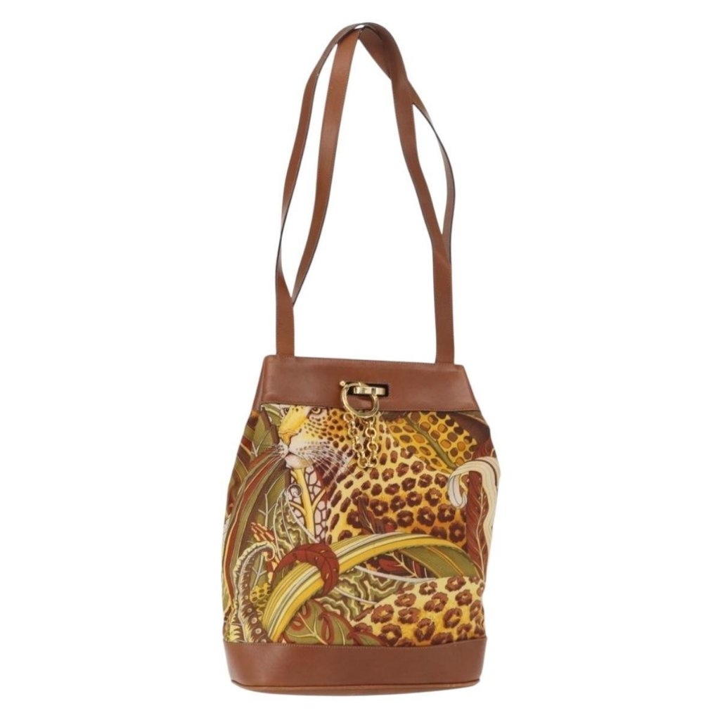 Authentic Salvatore Ferragamo Shoulder Bag Canvas Brown Gold